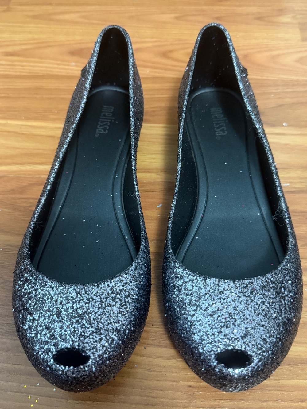 Melissa Black Glitter Peep-Toe Ballet Flats